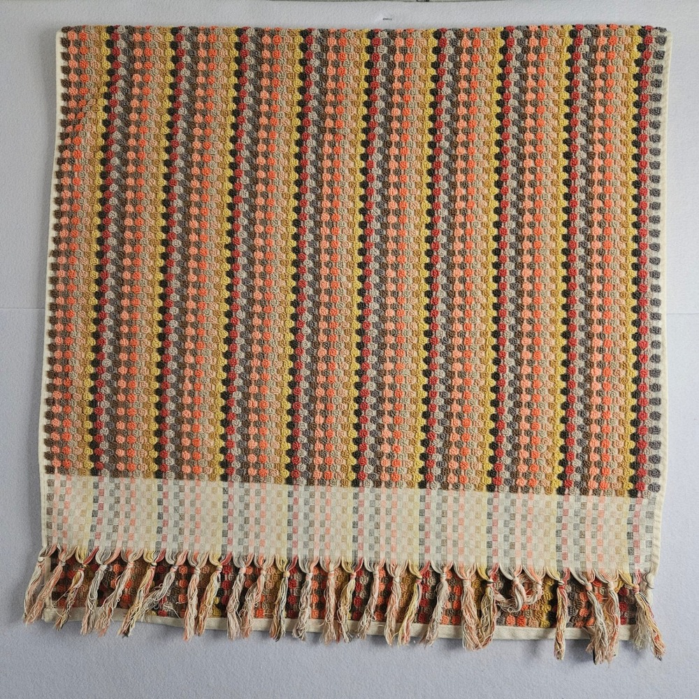 World Market Cotton Bath Towel Striped Dot Texture Fringe Orange Yellow 28x54